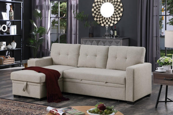 English Elm 3 Linen-Blend Upholstered Sectional Sofa with Chaise, Hidden Storage, Pull-Out Loveseat & Cupholder Light Gray B102S00066