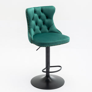 English Elm Swivel Velvet Barstools with Tufted Back and Hand-Hammered Rivets, Adjustable 25–33" Height Green W1143P151486