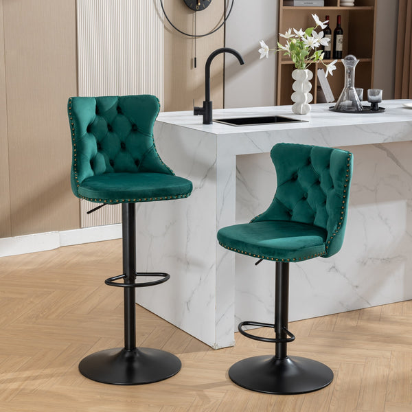 English Elm Swivel Velvet Barstools with Tufted Back and Hand-Hammered Rivets, Adjustable 25–33" Height Green W1143P151486