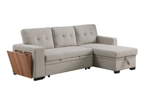 English Elm 3 Linen-Blend Upholstered Sectional Sofa with Chaise, Hidden Storage, Pull-Out Loveseat & Cupholder Light Gray B102S00066