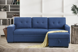 English Elm 3 Linen-Blend Upholstered Sectional Sofa with Chaise, Hidden Storage, Pull-Out Loveseat & Cupholder Blue B102S00067