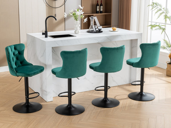 English Elm Swivel Velvet Barstools with Tufted Back and Hand-Hammered Rivets, Adjustable 25–33" Height Green W1143P151486