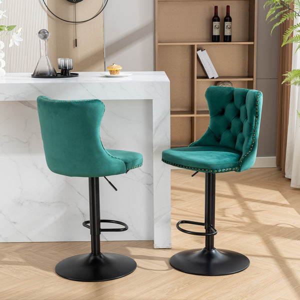 English Elm Swivel Velvet Barstools with Tufted Back and Hand-Hammered Rivets, Adjustable 25–33" Height Green W1143P151486