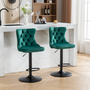 English Elm Swivel Velvet Barstools with Tufted Back and Hand-Hammered Rivets, Adjustable 25–33" Height Green W1143P151486