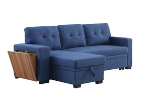 English Elm 3 Linen-Blend Upholstered Sectional Sofa with Chaise, Hidden Storage, Pull-Out Loveseat & Cupholder Blue B102S00067