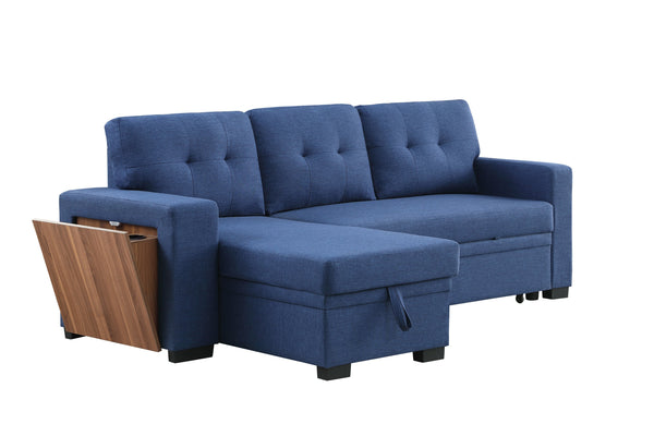 English Elm 3 Linen-Blend Upholstered Sectional Sofa with Chaise, Hidden Storage, Pull-Out Loveseat & Cupholder Blue B102S00067