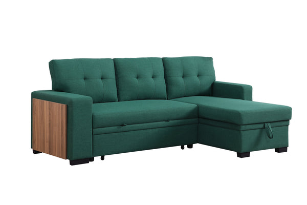 English Elm 3 Linen-Blend Upholstered Sectional Sofa with Chaise, Hidden Storage, Pull-Out Loveseat & Cupholder Green B102S00068