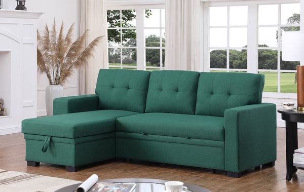 English Elm 3 Linen-Blend Upholstered Sectional Sofa with Chaise, Hidden Storage, Pull-Out Loveseat & Cupholder Green B102S00068