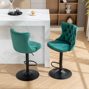 English Elm Swivel Velvet Barstools with Tufted Back and Hand-Hammered Rivets, Adjustable 25–33" Height Green W1143P151486