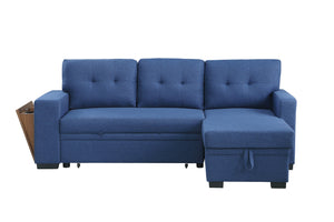 English Elm 3 Linen-Blend Upholstered Sectional Sofa with Chaise, Hidden Storage, Pull-Out Loveseat & Cupholder Blue B102S00067