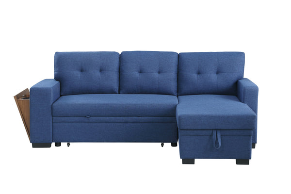 English Elm 3 Linen-Blend Upholstered Sectional Sofa with Chaise, Hidden Storage, Pull-Out Loveseat & Cupholder Blue B102S00067