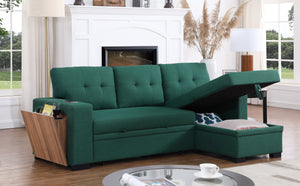 English Elm 3 Linen-Blend Upholstered Sectional Sofa with Chaise, Hidden Storage, Pull-Out Loveseat & Cupholder Green B102S00068