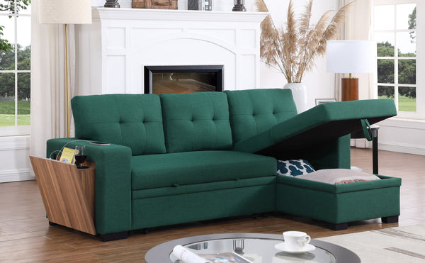 English Elm 3 Linen-Blend Upholstered Sectional Sofa with Chaise, Hidden Storage, Pull-Out Loveseat & Cupholder Green B102S00068