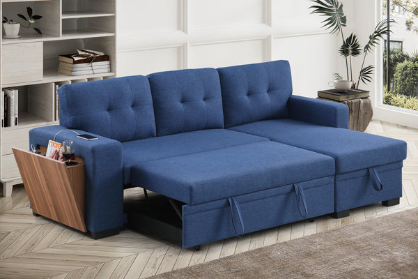 English Elm 3 Linen-Blend Upholstered Sectional Sofa with Chaise, Hidden Storage, Pull-Out Loveseat & Cupholder Blue B102S00067