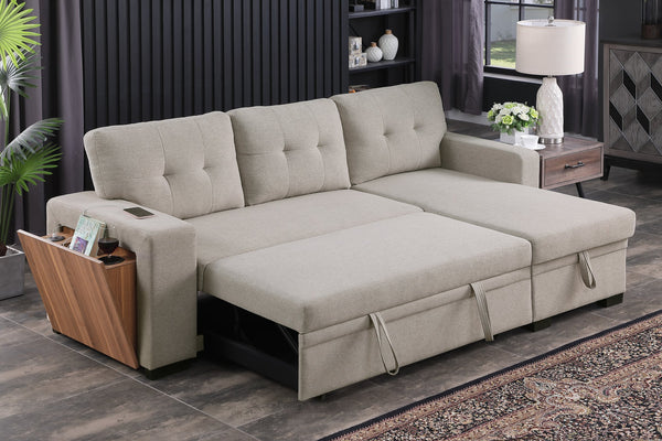 English Elm 3 Linen-Blend Upholstered Sectional Sofa with Chaise, Hidden Storage, Pull-Out Loveseat & Cupholder Light Gray B102S00066