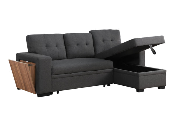 English Elm 3 Linen-Blend Upholstered Sectional Sofa with Chaise, Hidden Storage, Pull-Out Loveseat & Cupholder Dark Gray B102S00065