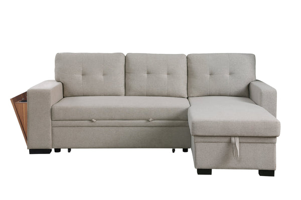 English Elm 3 Linen-Blend Upholstered Sectional Sofa with Chaise, Hidden Storage, Pull-Out Loveseat & Cupholder Light Gray B102S00066