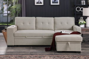 English Elm 3 Linen-Blend Upholstered Sectional Sofa with Chaise, Hidden Storage, Pull-Out Loveseat & Cupholder Light Gray B102S00066
