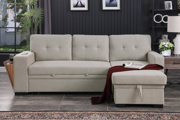 English Elm 3 Linen-Blend Upholstered Sectional Sofa with Chaise, Hidden Storage, Pull-Out Loveseat & Cupholder Light Gray B102S00066