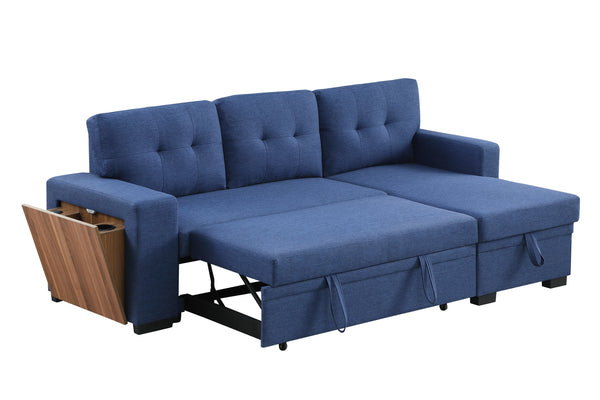 English Elm 3 Linen-Blend Upholstered Sectional Sofa with Chaise, Hidden Storage, Pull-Out Loveseat & Cupholder Blue B102S00067