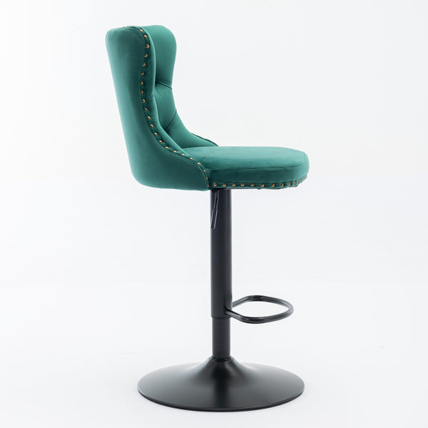 English Elm Swivel Velvet Barstools with Tufted Back and Hand-Hammered Rivets, Adjustable 25–33" Height Green W1143P151486