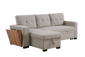 English Elm 3 Linen-Blend Upholstered Sectional Sofa with Chaise, Hidden Storage, Pull-Out Loveseat & Cupholder Light Gray B102S00066