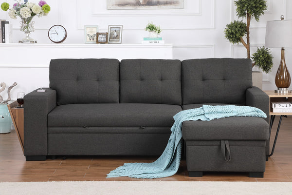 English Elm 3 Linen-Blend Upholstered Sectional Sofa with Chaise, Hidden Storage, Pull-Out Loveseat & Cupholder Dark Gray B102S00065
