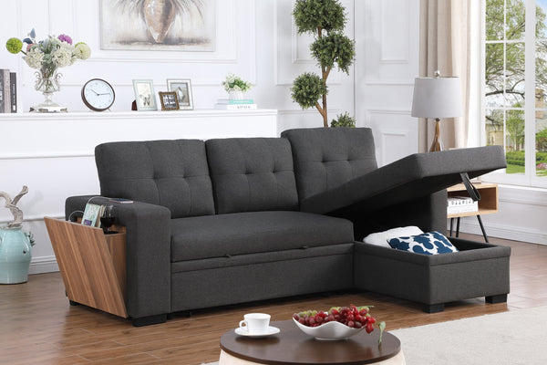 English Elm 3 Linen-Blend Upholstered Sectional Sofa with Chaise, Hidden Storage, Pull-Out Loveseat & Cupholder Dark Gray B102S00065