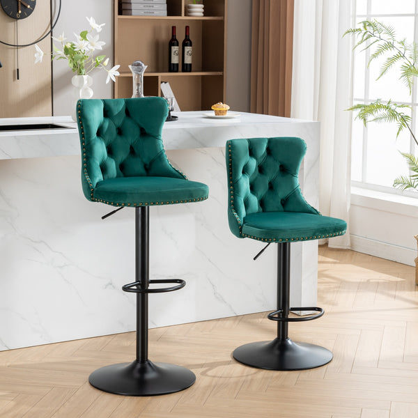 English Elm Swivel Handcrafted Tufted Velvet Barstool with Back, Adjustable 25–33" Height, Stable 17.7" Base Green W1143P151486