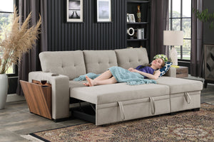 English Elm 3 Linen-Blend Upholstered Sectional Sofa with Chaise, Hidden Storage, Pull-Out Loveseat & Cupholder Light Gray B102S00066