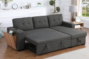English Elm 3 Linen-Blend Upholstered Sectional Sofa with Chaise, Hidden Storage, Pull-Out Loveseat & Cupholder Dark Gray B102S00065