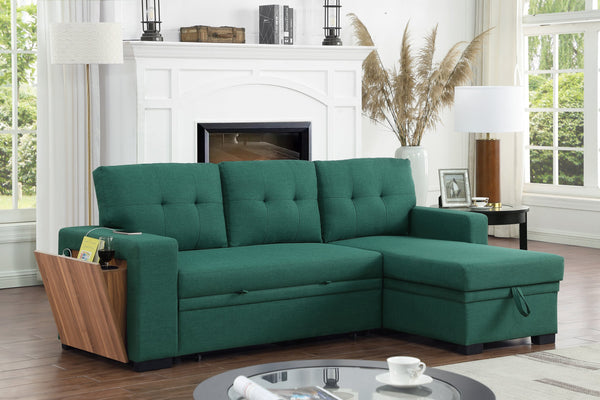 English Elm 3 Linen-Blend Upholstered Sectional Sofa with Chaise, Hidden Storage, Pull-Out Loveseat & Cupholder Green B102S00068