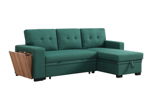 English Elm 3 Linen-Blend Upholstered Sectional Sofa with Chaise, Hidden Storage, Pull-Out Loveseat & Cupholder Green B102S00068
