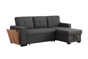 English Elm 3 Linen-Blend Upholstered Sectional Sofa with Chaise, Hidden Storage, Pull-Out Loveseat & Cupholder Dark Gray B102S00065