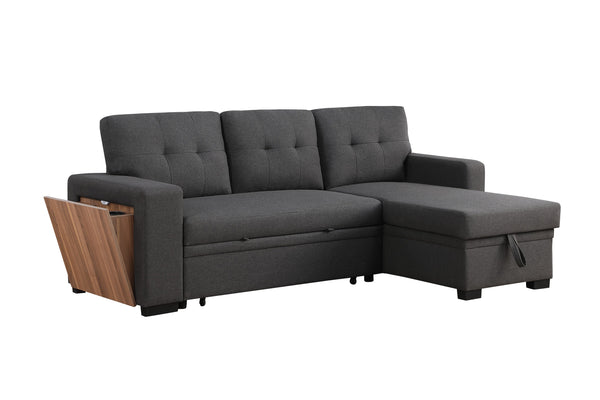 English Elm 3 Linen-Blend Upholstered Sectional Sofa with Chaise, Hidden Storage, Pull-Out Loveseat & Cupholder Dark Gray B102S00065