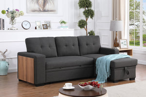 English Elm 3 Linen-Blend Upholstered Sectional Sofa with Chaise, Hidden Storage, Pull-Out Loveseat & Cupholder Dark Gray B102S00065
