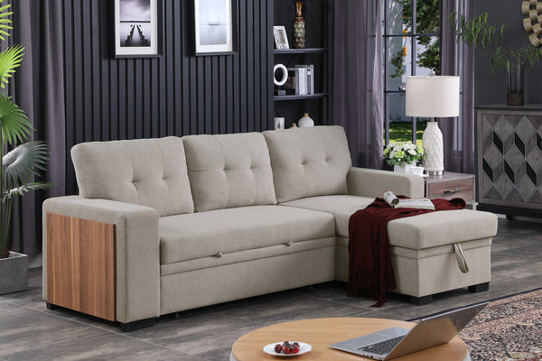 English Elm 3 Linen-Blend Upholstered Sectional Sofa with Chaise, Hidden Storage, Pull-Out Loveseat & Cupholder Light Gray B102S00066