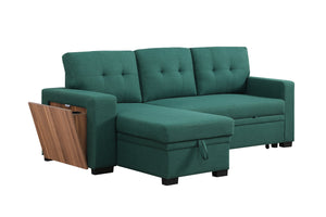 English Elm 3 Linen-Blend Upholstered Sectional Sofa with Chaise, Hidden Storage, Pull-Out Loveseat & Cupholder Green B102S00068