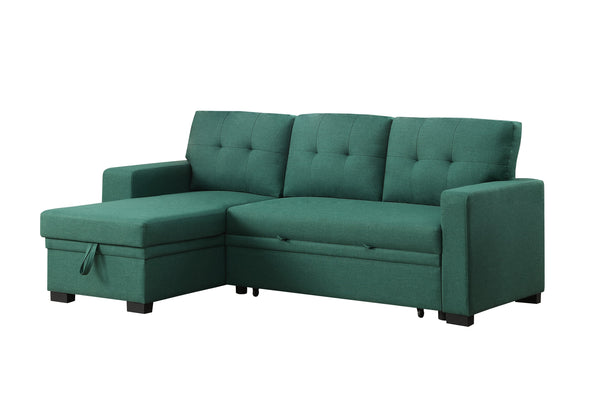 English Elm 3 Linen-Blend Upholstered Sectional Sofa with Chaise, Hidden Storage, Pull-Out Loveseat & Cupholder Green B102S00068