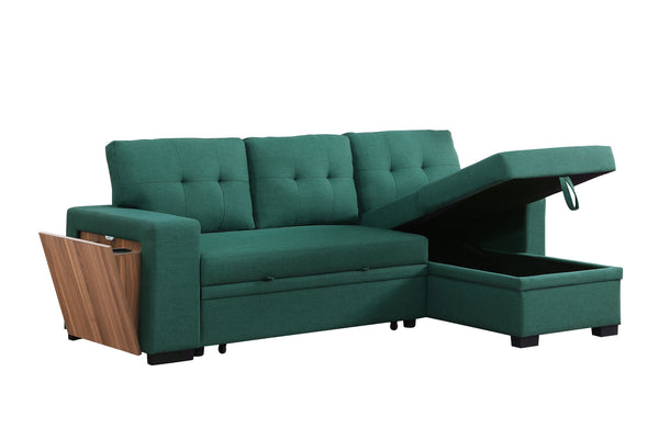 English Elm 3 Linen-Blend Upholstered Sectional Sofa with Chaise, Hidden Storage, Pull-Out Loveseat & Cupholder Green B102S00068