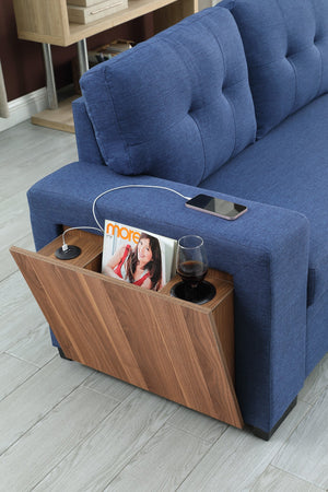 English Elm 3 Linen-Blend Upholstered Sectional Sofa with Chaise, Hidden Storage, Pull-Out Loveseat & Cupholder Blue B102S00067