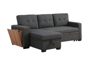 English Elm 3 Linen-Blend Upholstered Sectional Sofa with Chaise, Hidden Storage, Pull-Out Loveseat & Cupholder Dark Gray B102S00065
