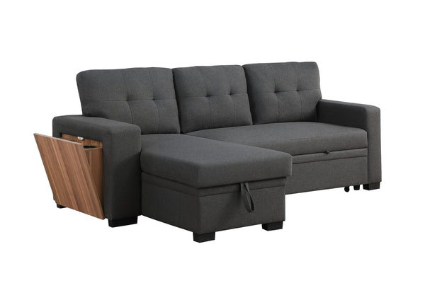 English Elm 3 Linen-Blend Upholstered Sectional Sofa with Chaise, Hidden Storage, Pull-Out Loveseat & Cupholder Dark Gray B102S00065