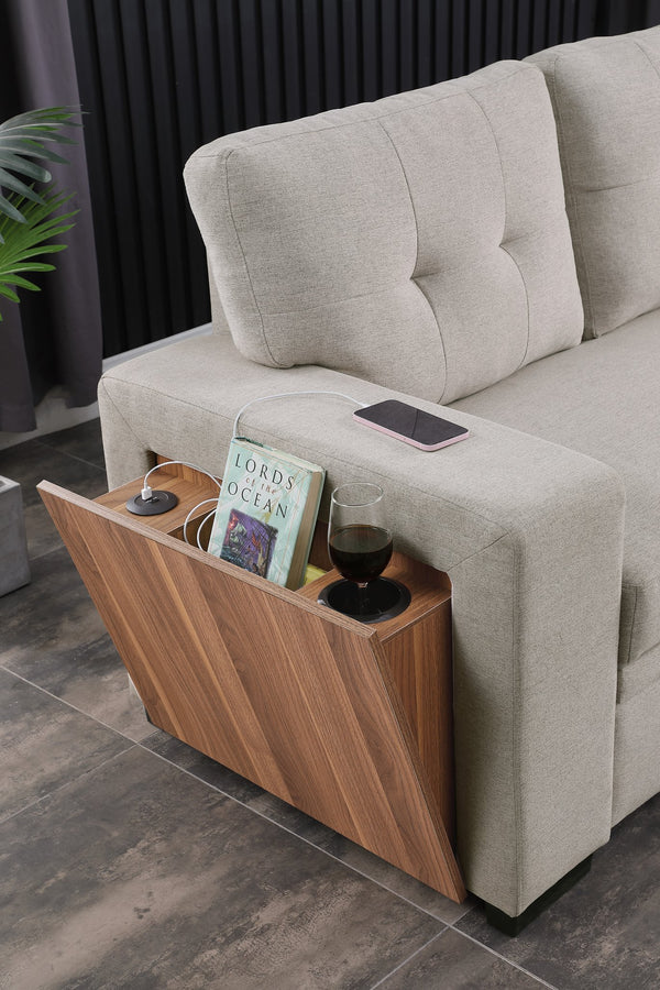 English Elm 3 Linen-Blend Upholstered Sectional Sofa with Chaise, Hidden Storage, Pull-Out Loveseat & Cupholder Light Gray B102S00066