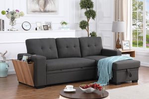 English Elm 3 Linen-Blend Upholstered Sectional Sofa with Chaise, Hidden Storage, Pull-Out Loveseat & Cupholder Dark Gray B102S00065