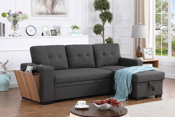 English Elm 3 Linen-Blend Upholstered Sectional Sofa with Chaise, Hidden Storage, Pull-Out Loveseat & Cupholder Dark Gray B102S00065