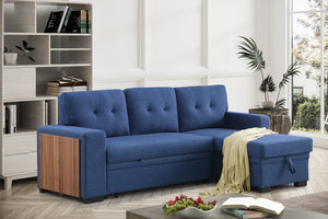 English Elm 3 Linen-Blend Upholstered Sectional Sofa with Chaise, Hidden Storage, Pull-Out Loveseat & Cupholder Blue B102S00067