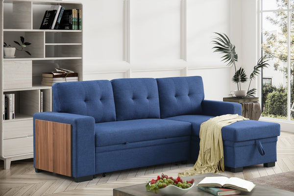 English Elm 3 Linen-Blend Upholstered Sectional Sofa with Chaise, Hidden Storage, Pull-Out Loveseat & Cupholder Blue B102S00067