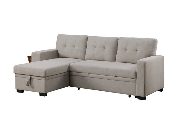English Elm 3 Linen-Blend Upholstered Sectional Sofa with Chaise, Hidden Storage, Pull-Out Loveseat & Cupholder Light Gray B102S00066