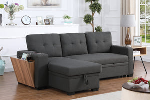 English Elm 3 Linen-Blend Upholstered Sectional Sofa with Chaise, Hidden Storage, Pull-Out Loveseat & Cupholder Dark Gray B102S00065